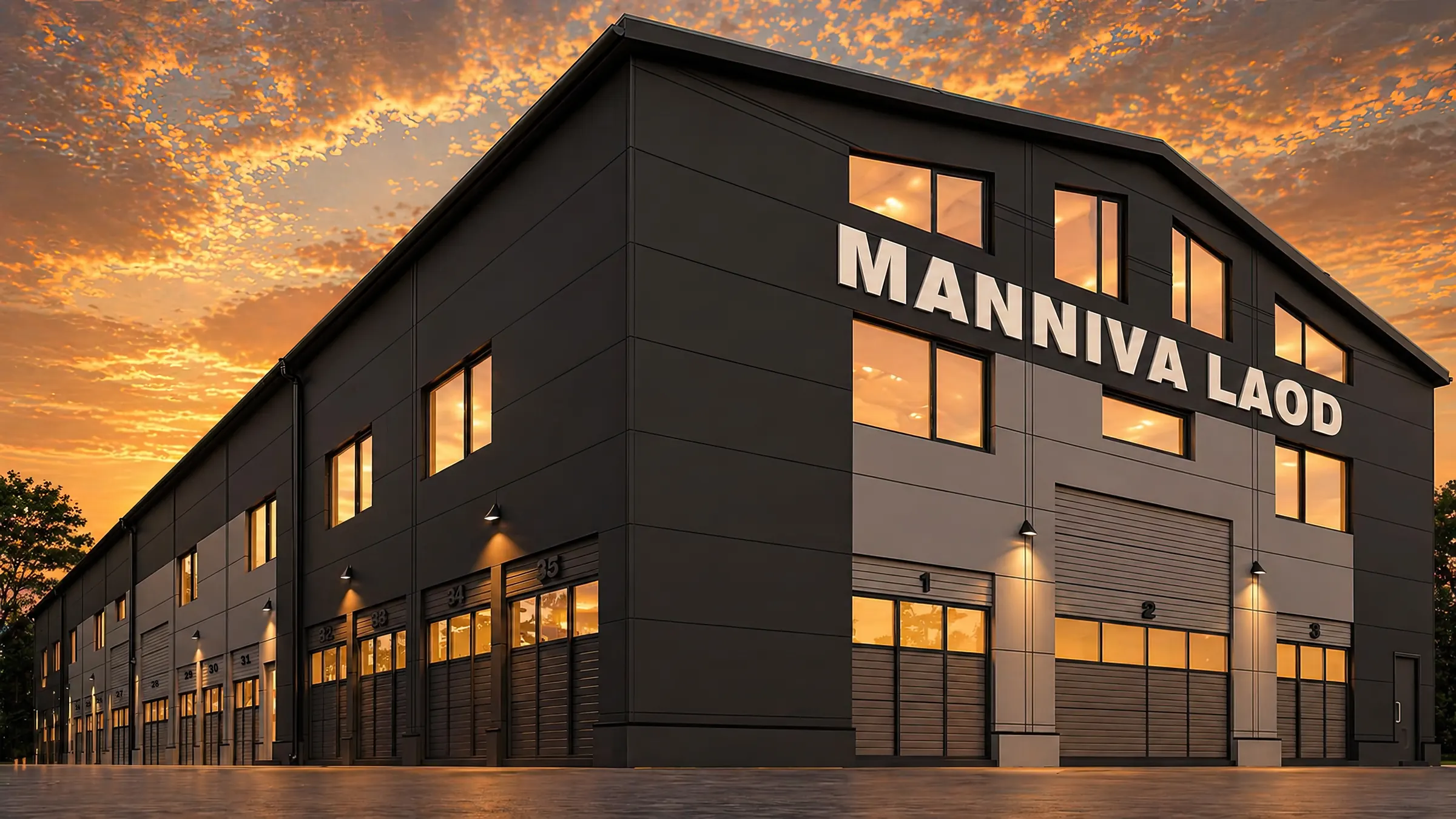 Manniva Laod — hoone nurk ja logo päikeseloojangus
