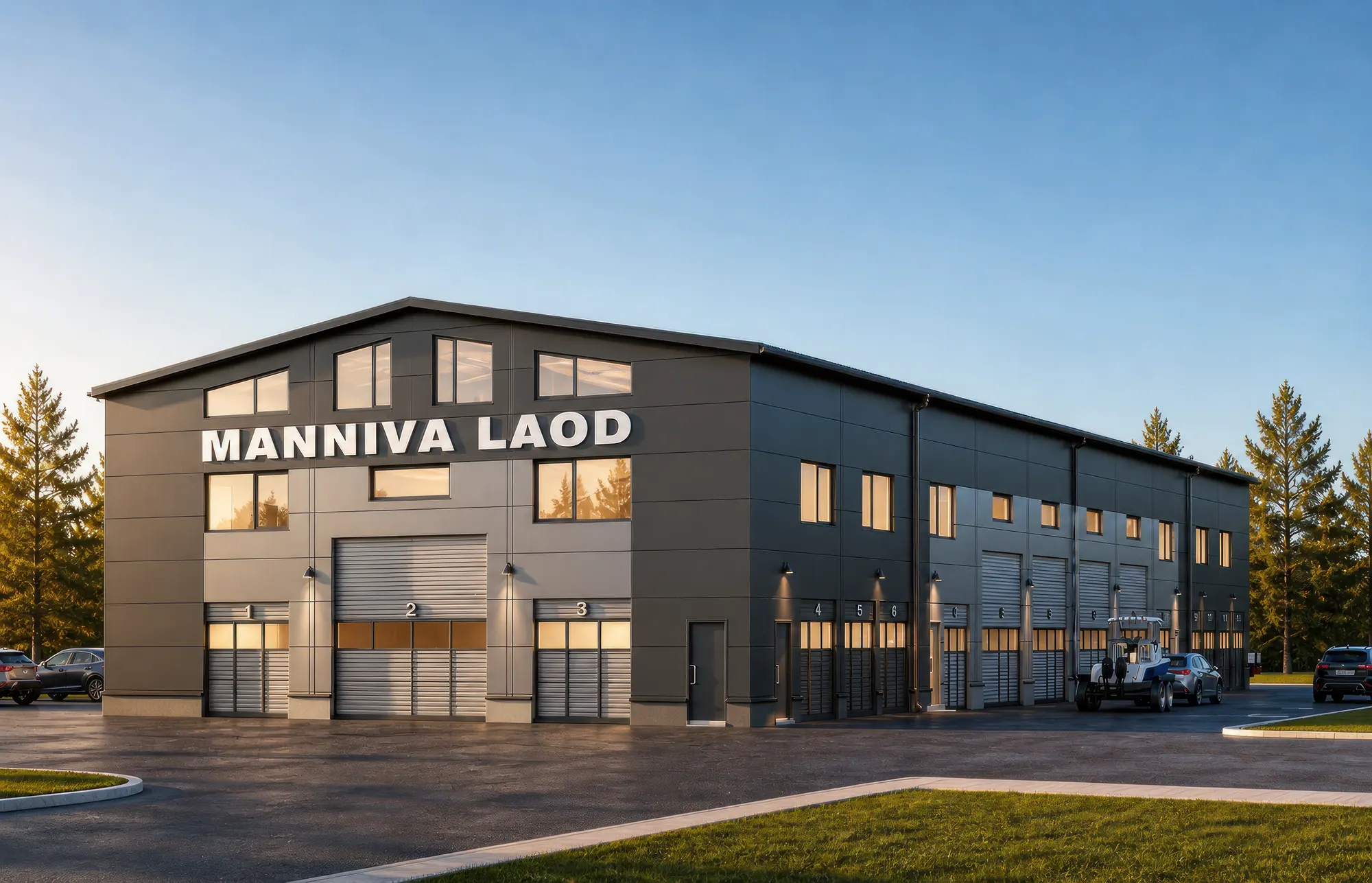 Manniva Laod — hoone nurk ja silt hämariku valguses